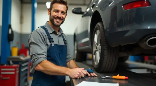 Un mécanicien souriant dans un garage libre service pour réparer soi-même, prêt à aider avec votre voiture.