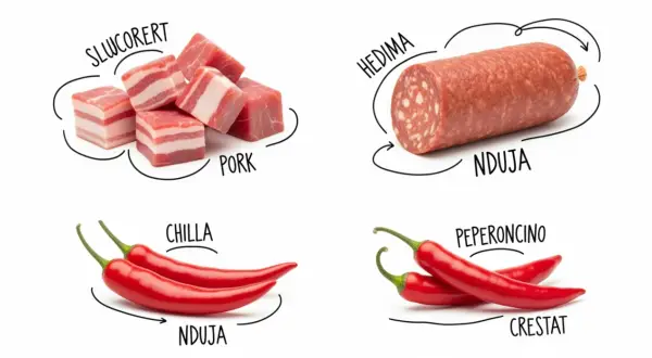 Składniki nduja: wieprzowina, papryczki chili, peperoncino. Wygląda na to, że to pikantna, włoska kiełbasa.