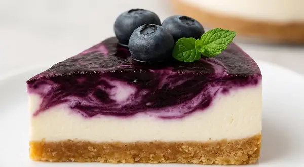Rebanada de pastel de arandanos con cobertura de arándanos y tres bayas frescas encima.