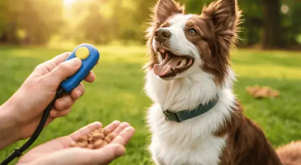 Ein Hund freut sich auf Leckerlis beim Clickertraining im Sonnenschein.
