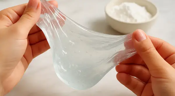 Hände dehnen durchsichtigen, blubbernden Schleim. Im Hintergrund eine Schüssel mit Pulver, ein Hinweis auf die Slime-Zutaten.