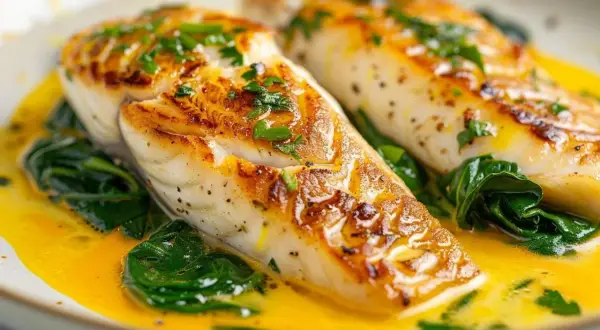 Deux filets de saint-pierre dorés, servis sur des épinards dans une sauce onctueuse. Parfait pour le temps de cuisson saint-pierre au four.
