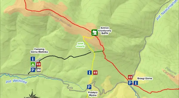 Mapa turystyczna z zaznaczonym szlakiem prowadzącym do Schroniska BdPN i na Połoninę Wetlińską. Widać camping i potok Wetlinka.