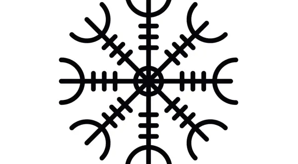 En svart, stiliserad bild av en kompassros, en av de mest kända fornnordiska symbolerna. Den ser ut som en stjärna med åtta spetsar, där varje spets har en unik form.