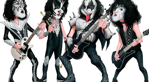 I quattro membri della i kiss band, con i loro iconici costumi e trucco, suonano i loro strumenti.