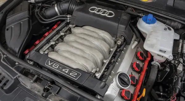Silnik V8 4.2 Audi, jeden z najlepszych silników benzynowych, z widocznymi cewkami zapłonowymi i kolektorem dolotowym.