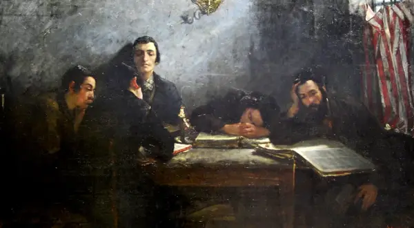 Obraz przedstawia grupę mężczyzn pochylonych nad stołem, z książkami i flagami w tle.