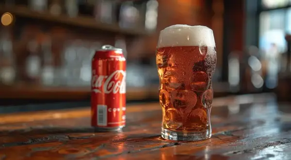 Un bicchiere di birra ambrata e una lattina di Coca-Cola su un tavolo di legno. La birra ha una schiuma abbondante.