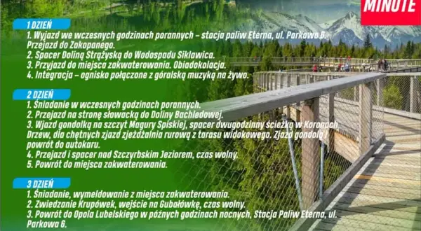 Plan wycieczki z Zakopanego na Słowację: Dolina Strążyska, Magura Spiska, Szczyrbskie Jezioro, Krupówki.