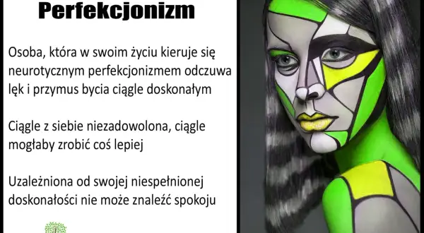 Kobieta z geometrycznym makijażem, symbolizującym perfekcjonizm kliniczny. Ciągłe dążenie do ideału rodzi lęk i niezadowolenie.