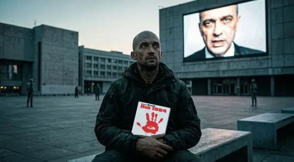 Mężczyzna trzyma książkę "Rok 1984" George'a Orwella. Na ekranie w tle widnieje twarz Wielkiego Brata.