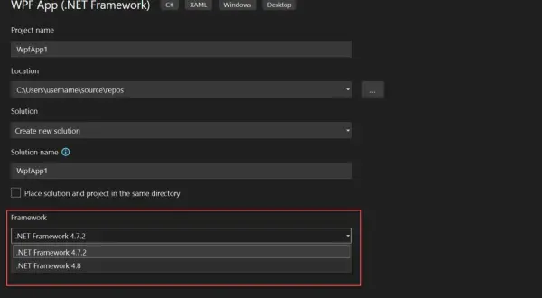 Fenêtre de configuration de projet WPF. Choix entre différentes versions de .NET Framework pour votre application C#.