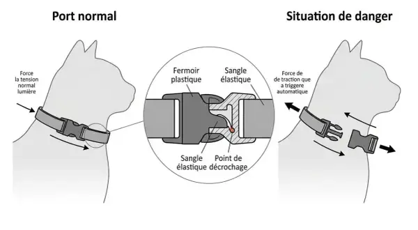 Collier de sécurité pour chat : en cas de danger, la sangle élastique se décroche pour éviter l'étranglement.