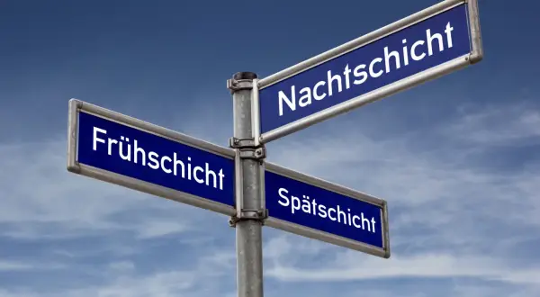 Wegweiser mit "Frühschicht", "Nachtschicht" und "Spätschicht". Hier gibt es Tipps zur Befreiung von Schichtarbeit.