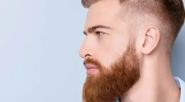 Un homme au profil droit, avec une barbe rousse soignée, tailler sa barbe en dégradé. Ses cheveux sont courts sur les côtés.