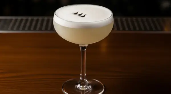 En elegant pisco sour med ett fluffigt skum och tre små mörka prickar på toppen, serverad i ett coupeglas på en träbar.