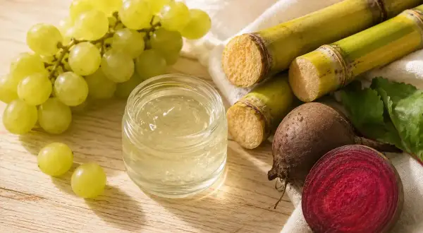 Un frasco con gel transparente, uvas verdes, caña de azúcar y remolacha. ¿Qué es la glicerina? Se obtiene de fuentes naturales como estas.