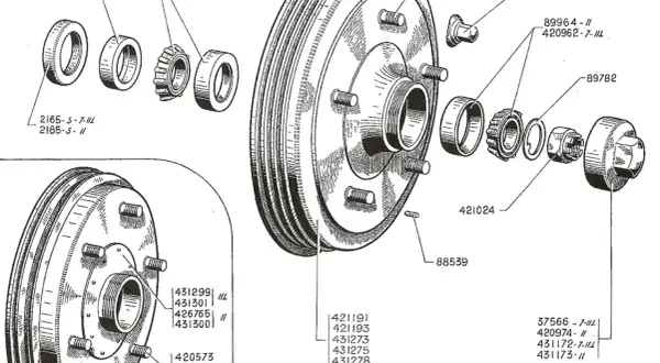 Vue éclatée du schema tambour frein arriere, montrant les roulements, joints et autres pièces pour un assemblage complet.