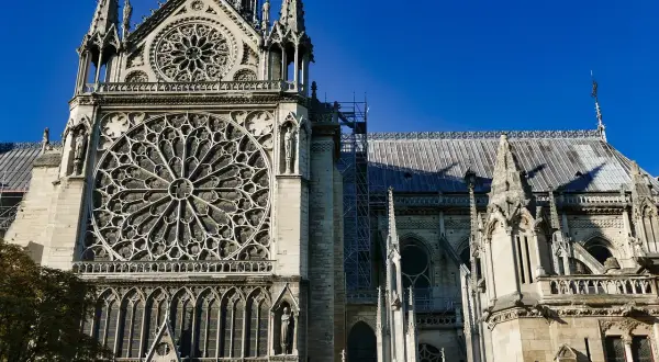 Majestatyczna katedra Notre Dame w Paryżu z imponującą rozetą i gotyckimi detalami, na tle błękitnego nieba.