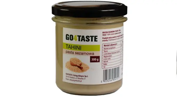 Słoik pasty sezamowej tahini GO4TASTE. Idealna do hummusu i sosów. Tahini co to? To zmielone ziarno sezamu.