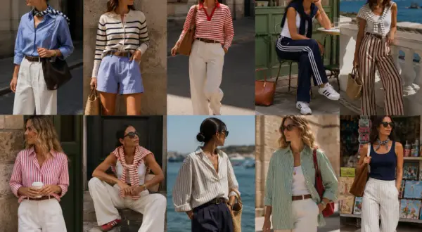 Frauen in gestreiften Outfits, perfekt für eine summer chic hochzeit. Leichte Stoffe und maritime Akzente.