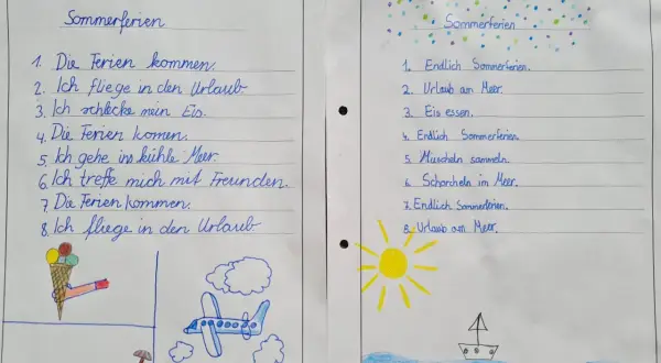 Zwei Kinder beschreiben ihre Ferienerlebnisse Grundschule: Urlaub am Meer, Eis essen und mit Freunden spielen.