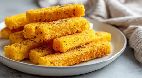 Knusprige polenta sticks, goldbraun gebacken und mit Kräutern bestreut, liegen auf einem Teller.