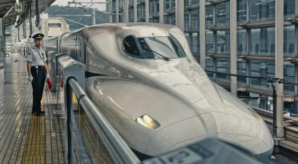 Na peronie stoi konduktor obok najszybszej kolejki na świecie, Shinkansen, gotowej do podróży.