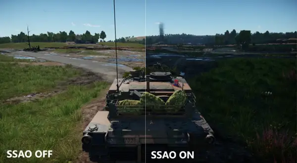 Porównanie grafiki gry: SSAO OFF vs SSAO ON. Po lewej jaśniej, po prawej głębsze cienie, co to jest SSAO.