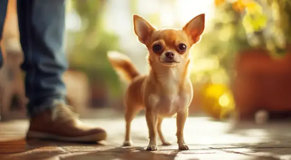Mały, rudy piesek chihuahua stoi obok nogi człowieka. Do jakiego wieku rośnie pies tej rasy?