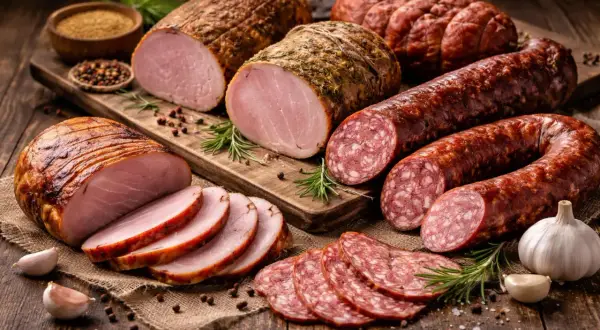 Na stole leżą pyszne wędliny bez konserwantów: pieczone szynki, kiełbasy i pasztety. Aromatyczne zioła i czosnek podkreślają ich naturalny smak.