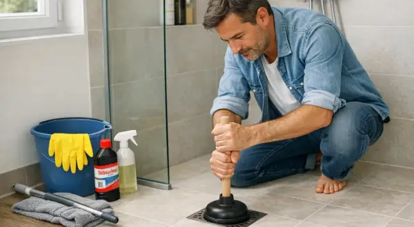 Un homme utilise une ventouse pour comment deboucher douche. Des gants, un seau et des produits de nettoyage sont à proximité.