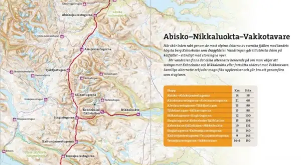Karta över Kungsleden, sträckan Abisko-Nikkaluokta-Vakkotavare. Visar fjällstugor och vandringsleder.