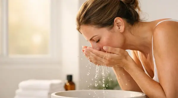 Donna si lava il viso con acqua fresca, un gesto quotidiano per prendersi cura della pelle secca e ritrovare idratazione.