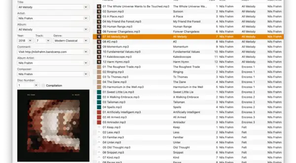 This Mac app shows how to edit MP3 files, displaying track details for Nils Frahm's "All Melody" album.