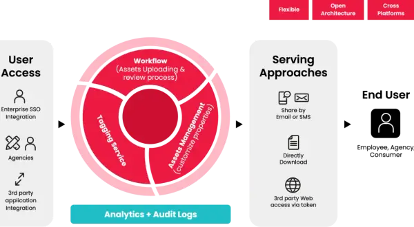Diagram illustrating a digital asset management workflow, from user access and asset processing to serving approaches and end-user delivery.