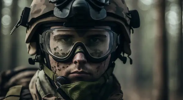 Soldado con casco y gafas tácticas, con barro en la cara, listo para la misión en el bosque.