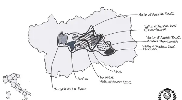 Mappa della Valle d'Aosta con indicazione delle zone di produzione dei vini DOC: Chambave, Arnad-Montjovet, Donnas, Morgex et La Salle, Avrier, Torrette e Nus.