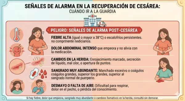 Señales de alarma tras un parto cesárea: fiebre, dolor intenso, sangrado abundante o cambios en la herida.
