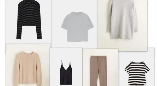 Kolekcja basic: czarny golf w paski, szary t-shirt, szary sweter, beżowy sweter, czarna koszulka na ramiączkach, brązowe spodnie, bluzka w paski.