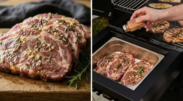 Karkówka marynowana z czosnkiem i rozmarynem, gotowa do grillowania. Dowiedz się, jak długo piec karkówkę na grillu, by była soczysta.