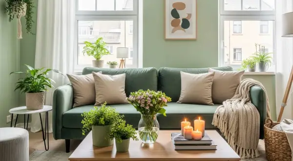 Zielona sofa w salonie, ściany w kolorze **kolor pistacjowy**, jasne poduszki, bukiet kwiatów i świece na stoliku.