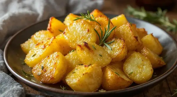 Assiette de pommes de terre rôties dorées, garnies de romarin frais. Une délicieuse recette pomme de terre pour un repas réconfortant.