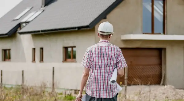 El director de obra, con casco y planos, supervisa la construcción de una casa.