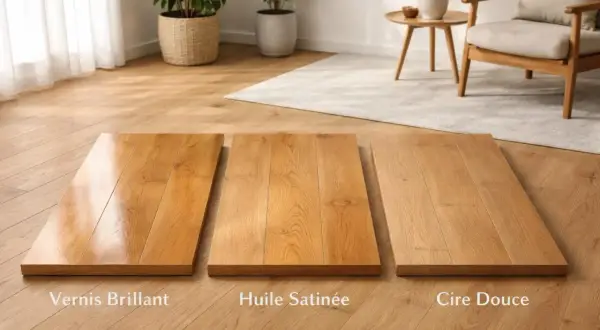 Comparaison de finitions pour le bois : vernis brillant, huile satinée et cire douce.