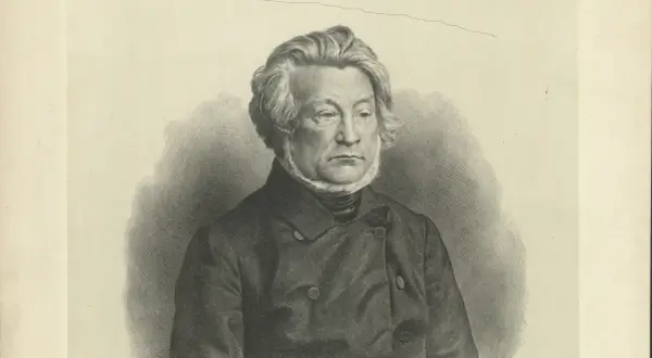 Portret mężczyzny w stroju z epoki, z bujnymi włosami i bokobrodami, w ciemnej marynarce.