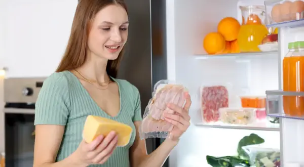 Kobieta wybiera wędlinę z lodówki, uważając na potencjalną obecność listerii. Obok ser i inne produkty.