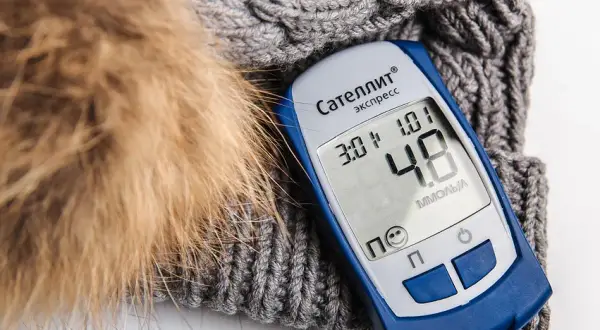 Glukometr na tle zimowej czapki. Czy wódka zbija cukier? Wynik 4.8 mmol/l.