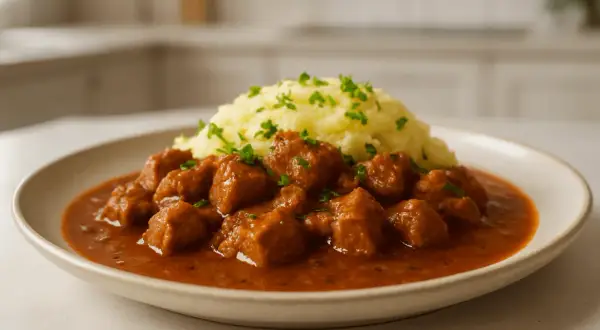Gulasz z mięsa, idealny do marynowania, podany z purée ziemniaczanym i posypany natką pietruszki.