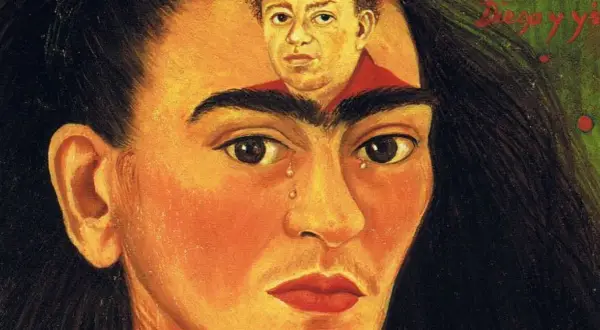 Portret Fridy Kahlo, z wizerunkiem jej męża, Diego Rivery, w jej głowie. Tytuł "Diego y yo" widoczny w rogu.